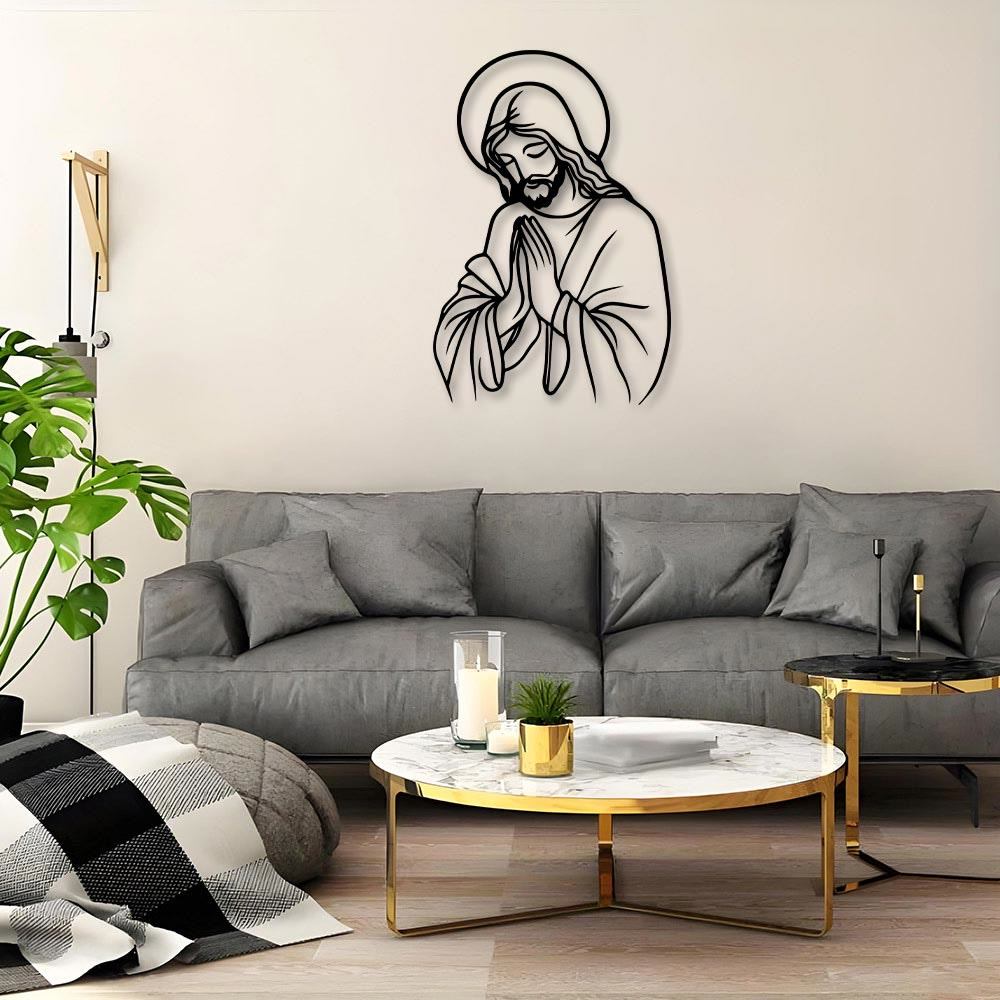 Christianartworkshop Minimal Line Art Praying Jesus Halo Metal Wall Decor: A Symbol of Humble Sacred Devotion - image 4