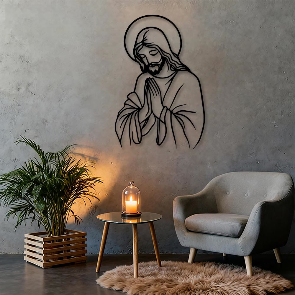 Christianartworkshop Minimal Line Art Praying Jesus Halo Metal Wall Decor: A Symbol of Humble Sacred Devotion - image 3