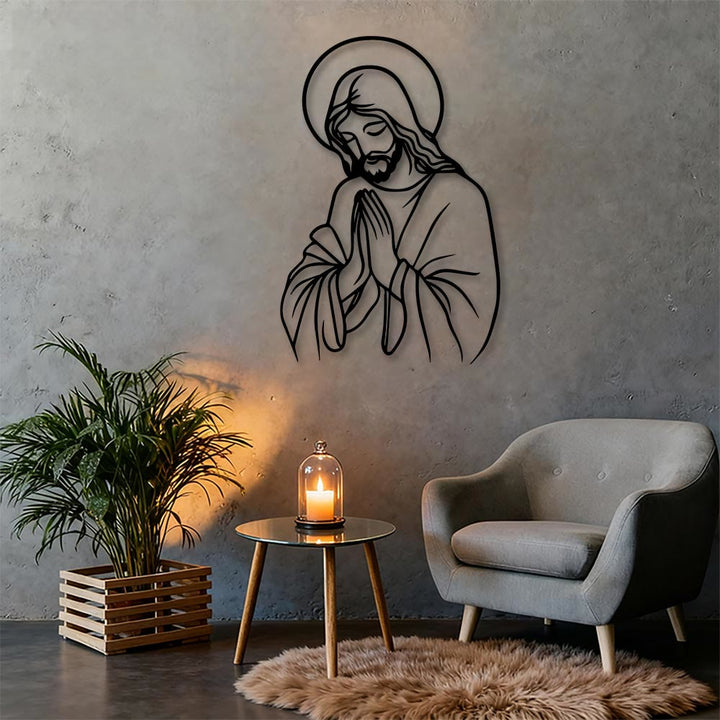 Christianartworkshop Minimal Line Art Praying Jesus Halo Metal Wall Decor: A Symbol of Humble Sacred Devotion - image 3