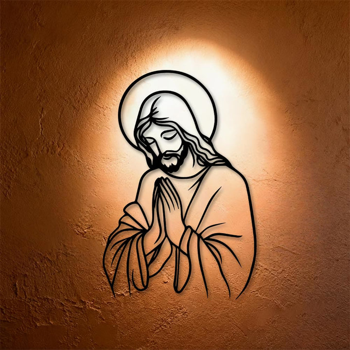 Christianartworkshop Minimal Line Art Praying Jesus Halo Metal Wall Decor: A Symbol of Humble Sacred Devotion - image 1