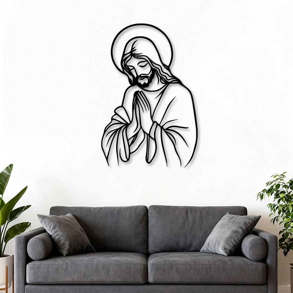 Christianartworkshop Minimal Line Art Praying Jesus Halo Metal Wall Decor: A Symbol of Humble Sacred Devotion - image 2