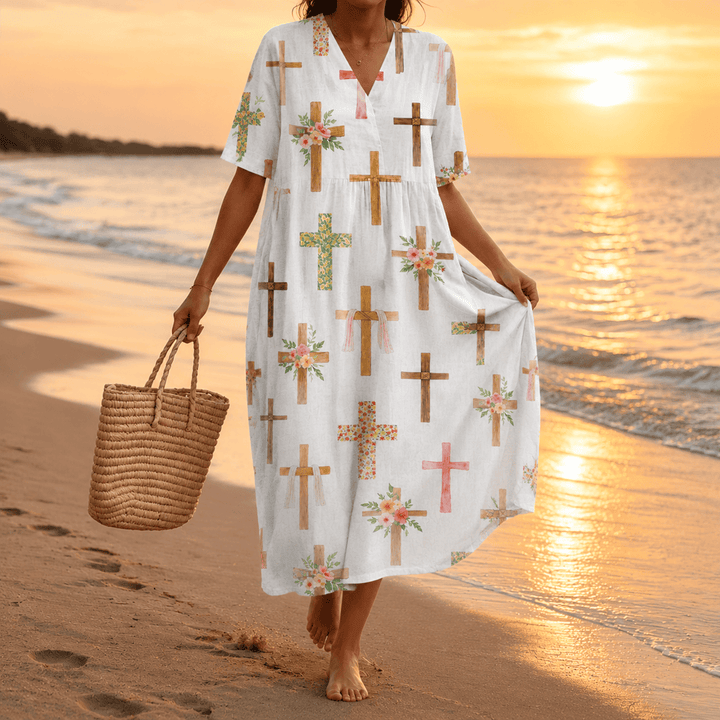Christianartworkshop Floral Cross Print V-Neck Short Sleeve Midi Dress - image 1
