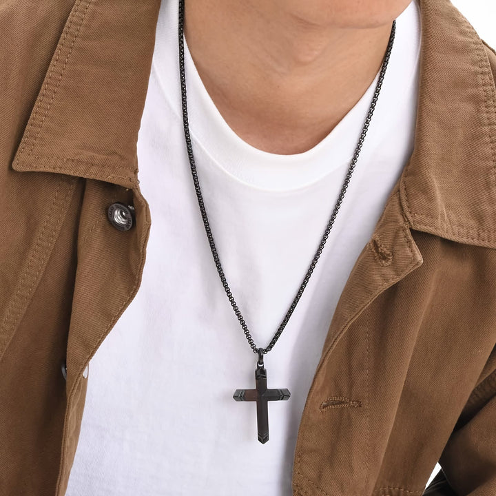 Christianartworkshop Two-Tone Stainless Steel Inlaid Solid Wood Cross Pendant Box Chain Necklace - image 1
