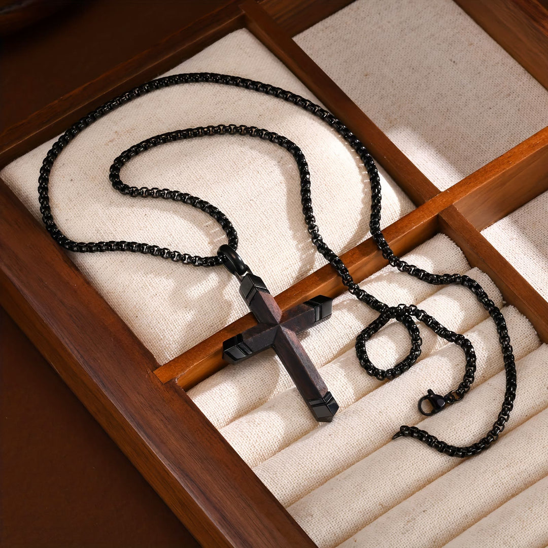 Christianartworkshop Two-Tone Stainless Steel Inlaid Solid Wood Cross Pendant Box Chain Necklace - image 4