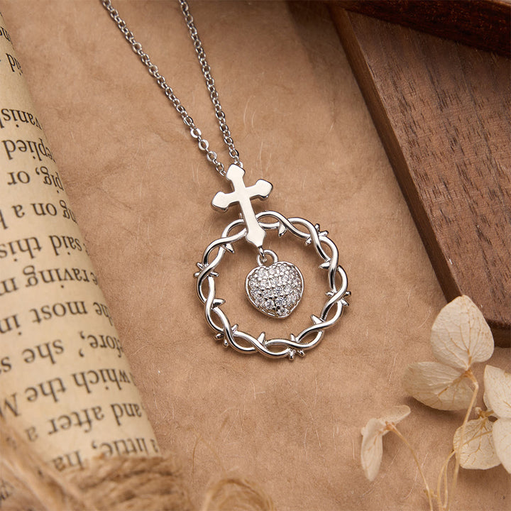 Christianartworkshop Pavé Zircon Cross with Thorn Wreath & Heart-Cut Gem Pendant Necklace: A Symbol of Sacred Redeeming Love - image 9