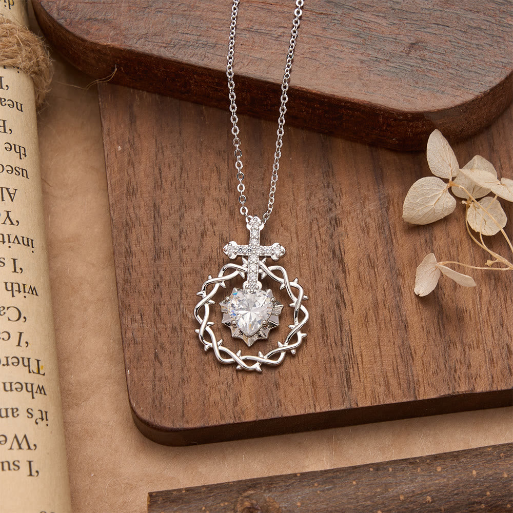 Christianartworkshop Pavé Zircon Cross with Thorn Wreath & Heart-Cut Gem Pendant Necklace: A Symbol of Sacred Redeeming Love - Silver Zircon Cross - image 6