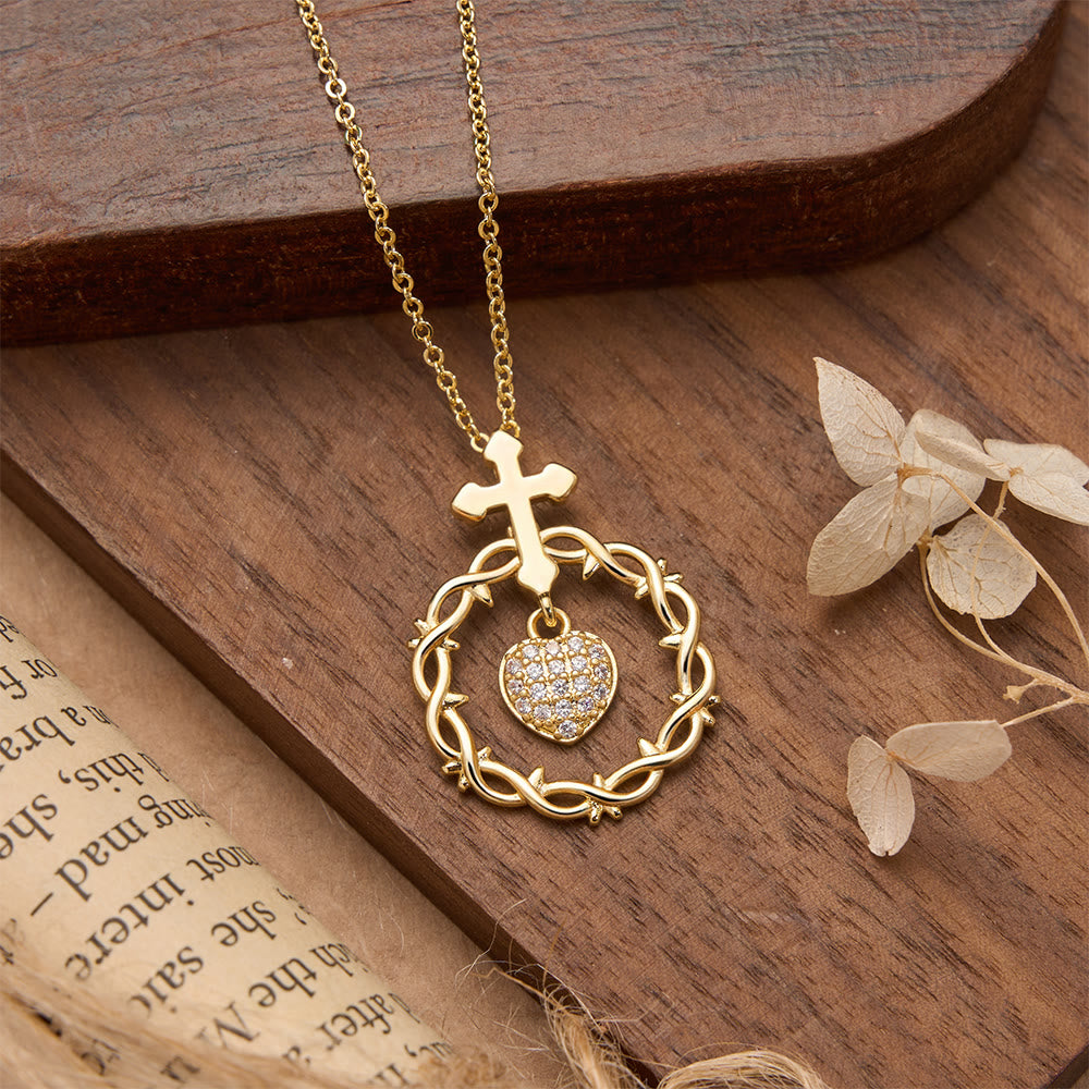 Christianartworkshop Pavé Zircon Cross with Thorn Wreath & Heart-Cut Gem Pendant Necklace: A Symbol of Sacred Redeeming Love - Golden Glossy Cross - image 4