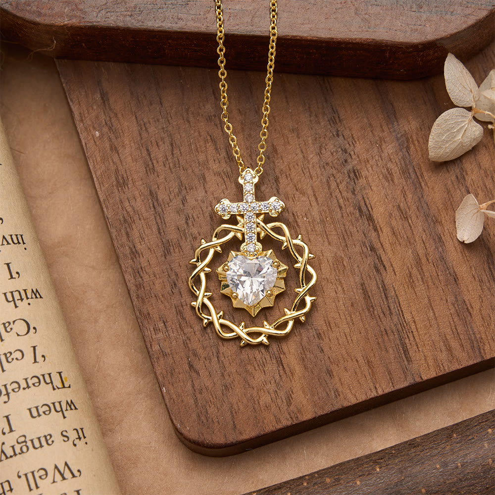 Christianartworkshop Pavé Zircon Cross with Thorn Wreath & Heart-Cut Gem Pendant Necklace: A Symbol of Sacred Redeeming Love - Golden Zircon Cross - image 2
