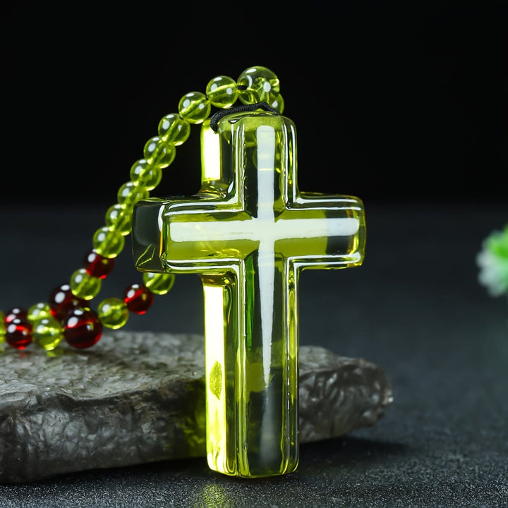 Christianartworkshop Solid Glossy Resin Amber-Style Cross Pendant with Alternate Bead Adjustable Cord Necklace - Green - image 3