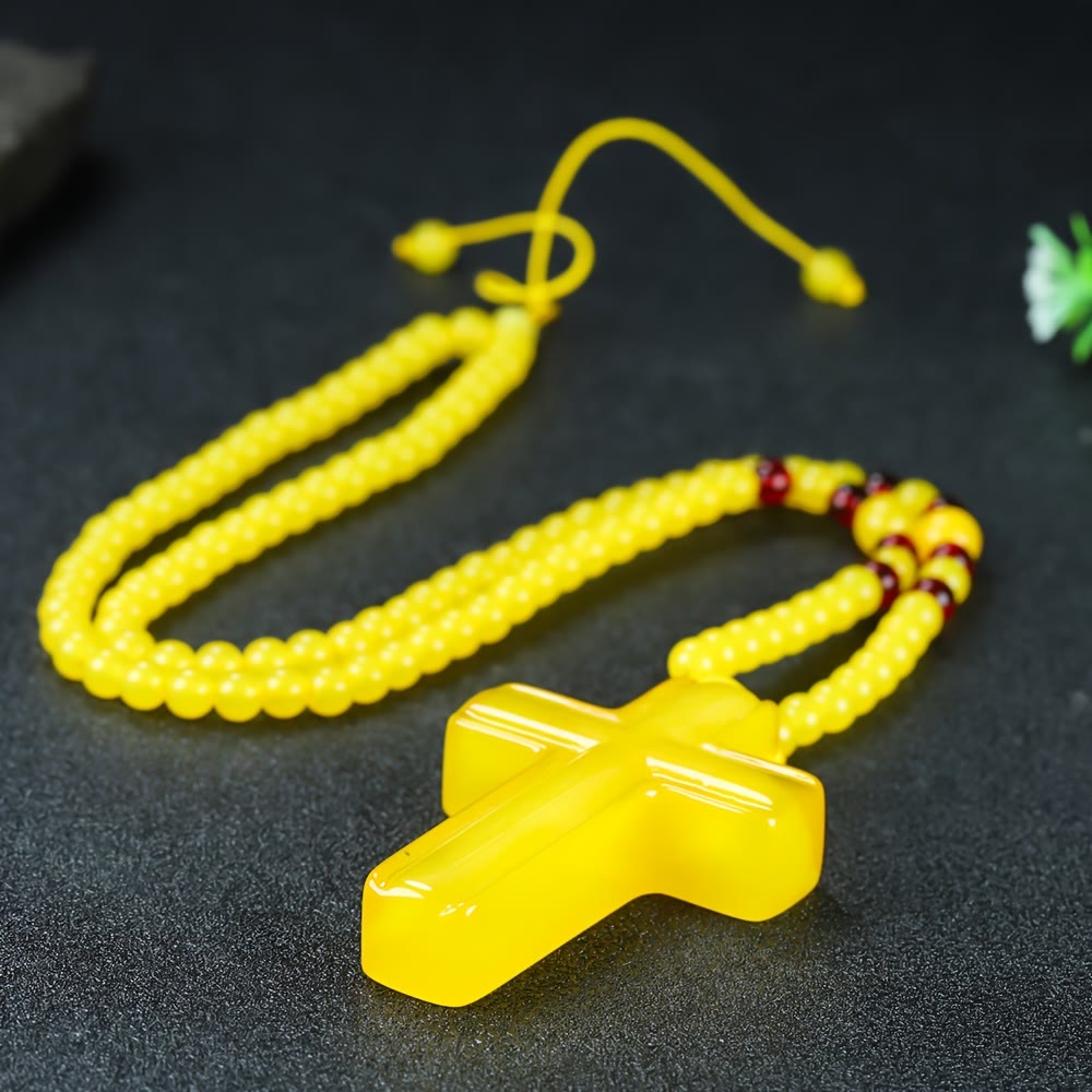 Christianartworkshop Solid Glossy Resin Amber-Style Cross Pendant with Alternate Bead Adjustable Cord Necklace - Yellow - image 5
