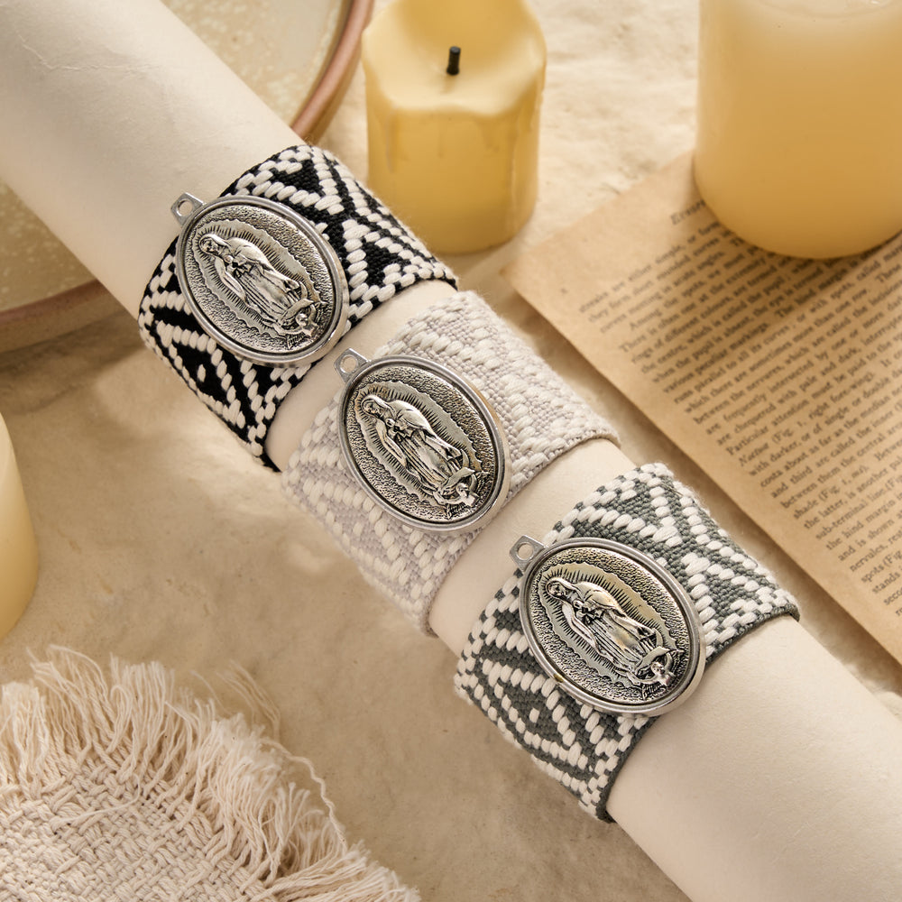 Christianartworkshop Vintage Embossed Oval Our Lady Charm Woven Tassel End Wrap Bracelet: A Reminder of Motherly Blessing - image 1