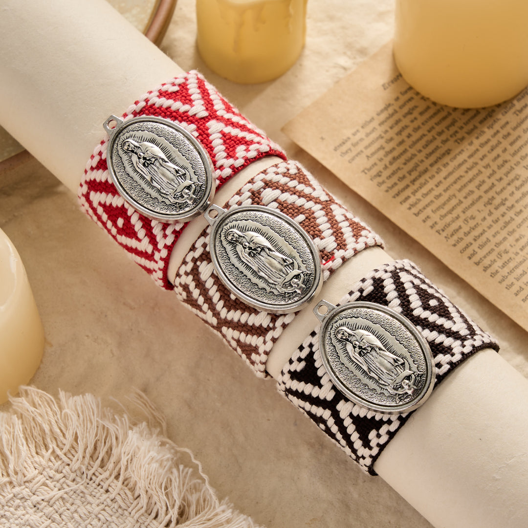 Christianartworkshop Vintage Embossed Oval Our Lady Charm Woven Tassel End Wrap Bracelet: A Reminder of Motherly Blessing - image 0