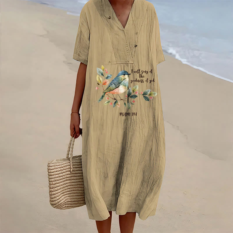 Christianartworkshop "I Will Sing Of The Goodness Of God" Psalm 89:1 Bird Branch Print V-Neck Short Sleeve Midi Dress - Khaki - 4XL - image 15