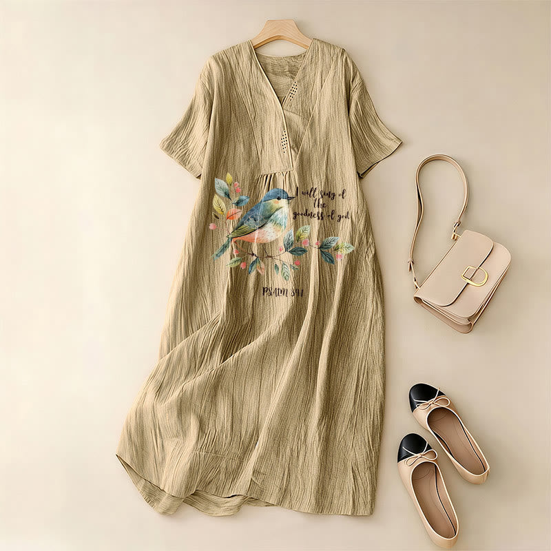 Christianartworkshop "I Will Sing Of The Goodness Of God" Psalm 89:1 Bird Branch Print V-Neck Short Sleeve Midi Dress - image 17