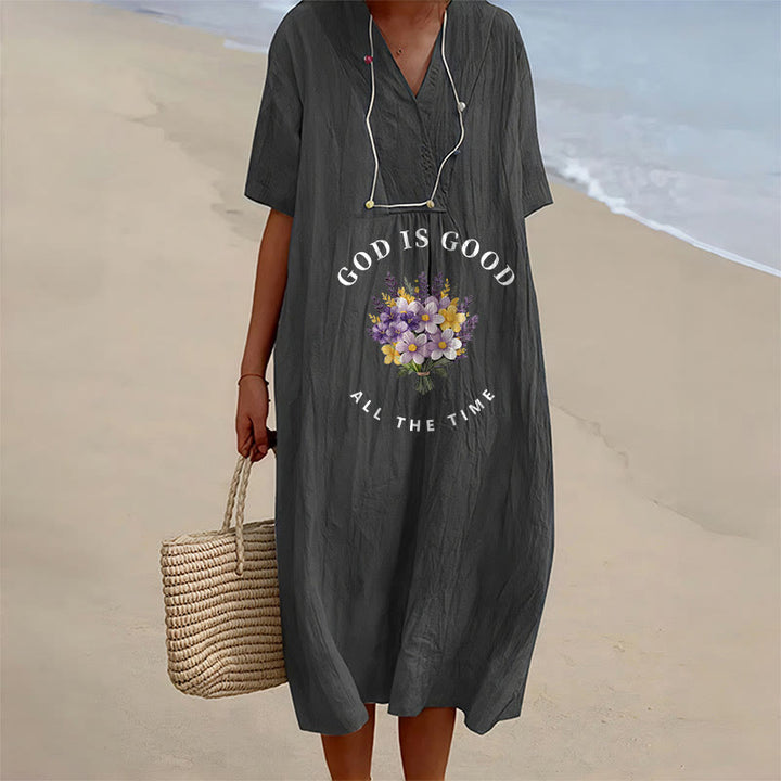 Christianartworkshop "God Is Good All The Time" Floral Bouquet Print V-Neck Short Sleeve Midi Dress - Black - 4XL - image 6
