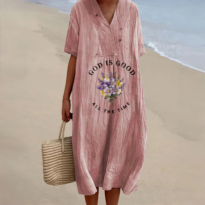 Christianartworkshop "God Is Good All The Time" Floral Bouquet Print V-Neck Short Sleeve Midi Dress - Pink - 4XL - image 0