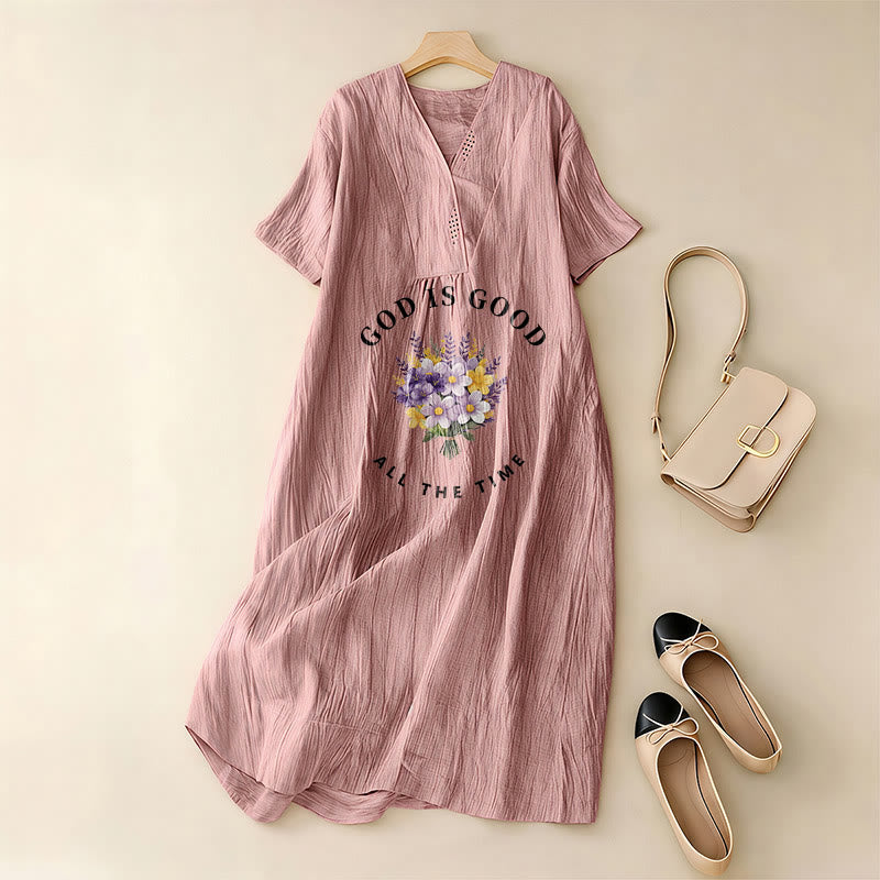 Christianartworkshop "God Is Good All The Time" Floral Bouquet Print V-Neck Short Sleeve Midi Dress - image 2