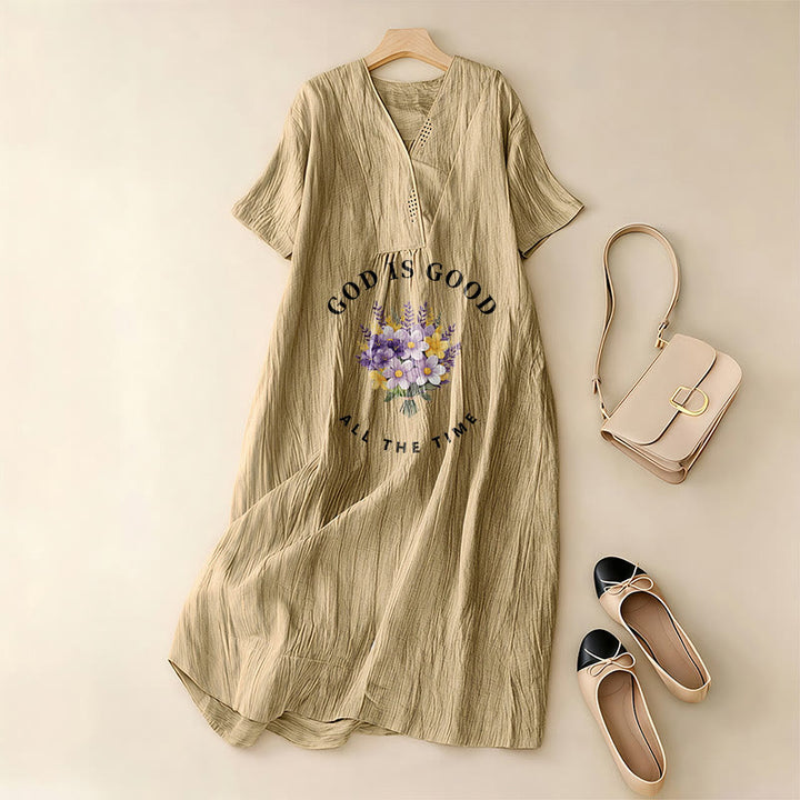 Christianartworkshop "God Is Good All The Time" Floral Bouquet Print V-Neck Short Sleeve Midi Dress - image 17
