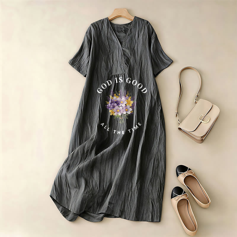 Christianartworkshop "God Is Good All The Time" Floral Bouquet Print V-Neck Short Sleeve Midi Dress - image 8