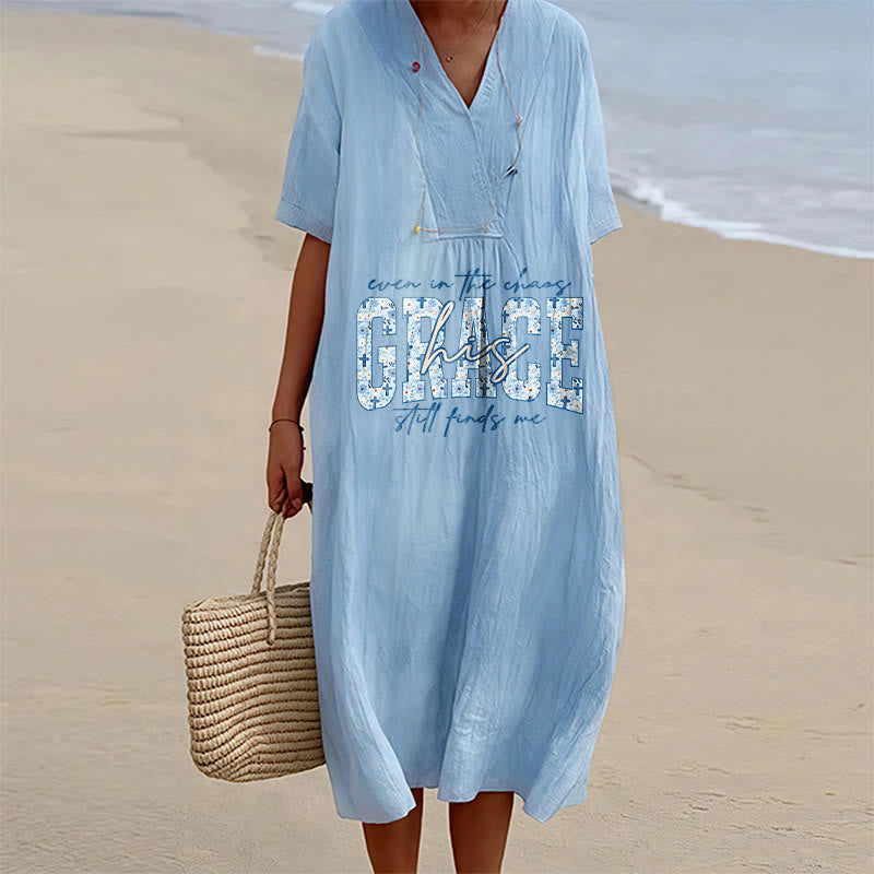 Christianartworkshop Classic "His Grace Still Finds Me" Plaid Print V-Neck Loose Midi Dress - Blue - 4XL - image 6