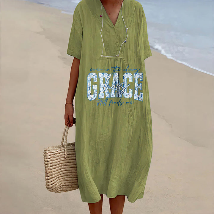 Christianartworkshop Classic "His Grace Still Finds Me" Plaid Print V-Neck Loose Midi Dress - Olive Green - 4XL - image 9