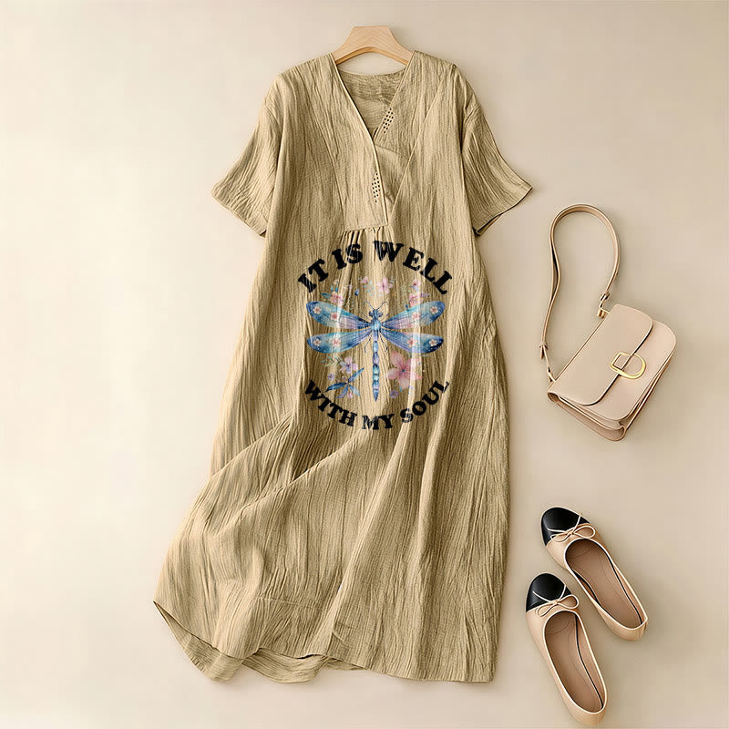 Christianartworkshop "It Is Well With My Soul" Watercolor Dragonfly Floral V-Neck Short Sleeve Midi Dress - image 1