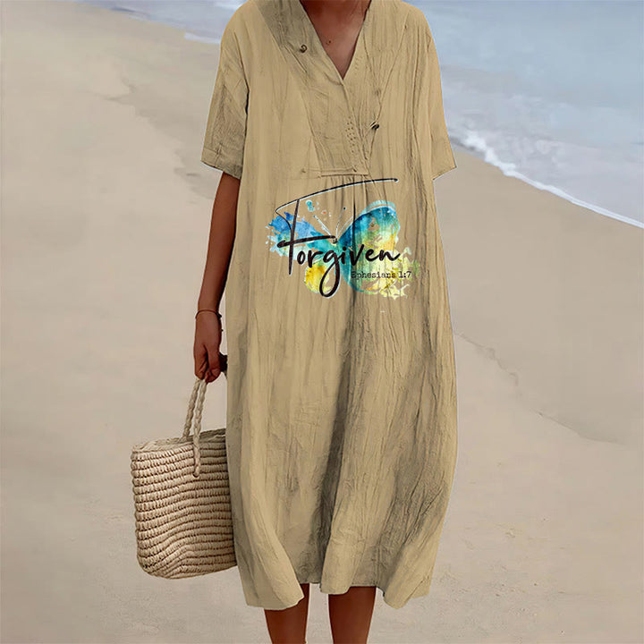 Christianartworkshop Church Gathering Outfit Bible Verse Watercolor Butterfly V-Neck Midi Dress - Khaki - 4XL - image 3