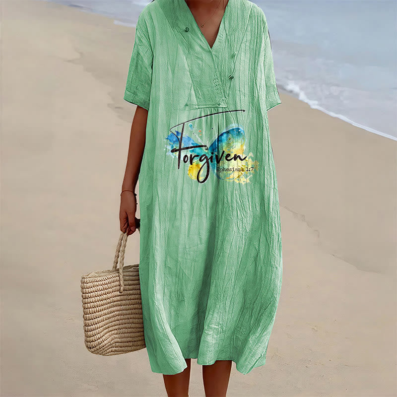 Christianartworkshop Church Gathering Outfit Bible Verse Watercolor Butterfly V-Neck Midi Dress - Green - 4XL - image 15