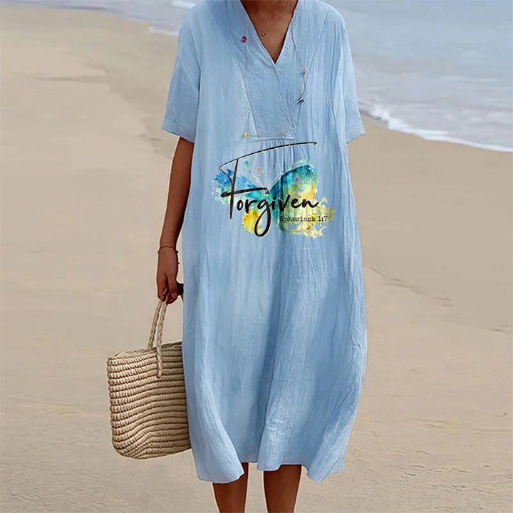 Christianartworkshop Church Gathering Outfit Bible Verse Watercolor Butterfly V-Neck Midi Dress - Blue - 4XL - image 12