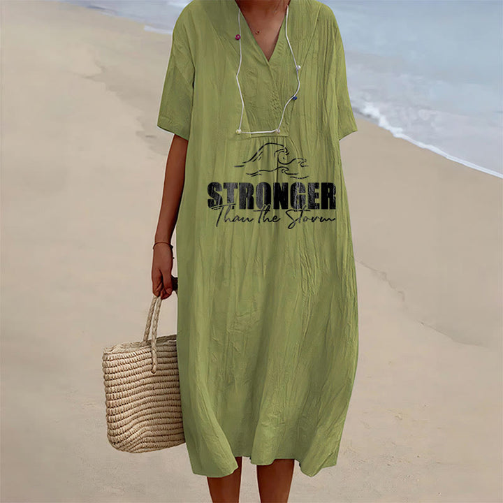 Christianartworkshop "Stronger Than The Storm" Wave Graphic V-Neck Short Sleeve Midi Dress - Olive Green - 4XL - image 3