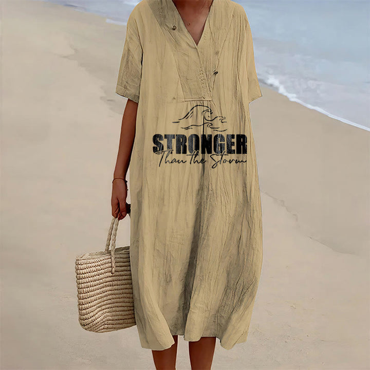 Christianartworkshop "Stronger Than The Storm" Wave Graphic V-Neck Short Sleeve Midi Dress - Khaki - 4XL - image 6