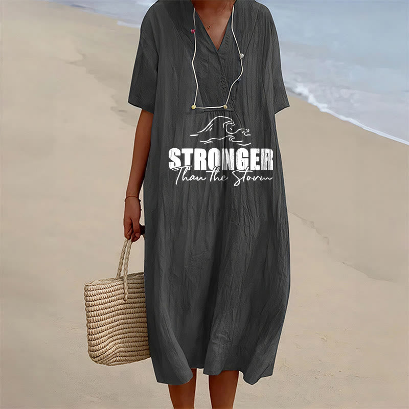 Christianartworkshop "Stronger Than The Storm" Wave Graphic V-Neck Short Sleeve Midi Dress - Black - 4XL - image 9