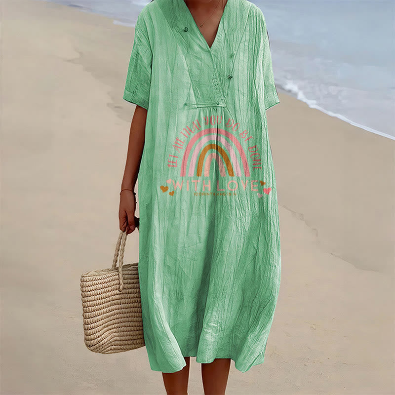 Christianartworkshop Plain Tone Love Scripture Rainbow Heart Slogan V-Neck Casual Midi Dress - Green - 4XL - image 0