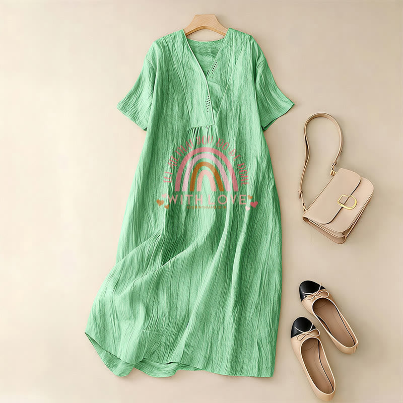 Christianartworkshop Plain Tone Love Scripture Rainbow Heart Slogan V-Neck Casual Midi Dress - image 1