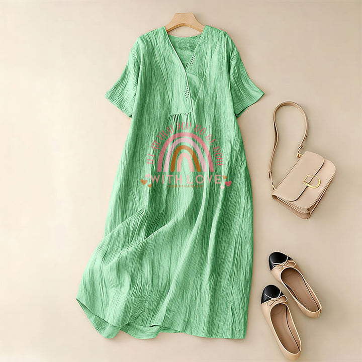 Christianartworkshop Plain Tone Love Scripture Rainbow Heart Slogan V-Neck Casual Midi Dress - image 1