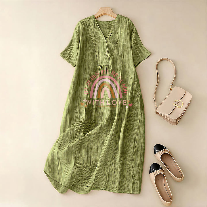 Christianartworkshop Plain Tone Love Scripture Rainbow Heart Slogan V-Neck Casual Midi Dress - image 7