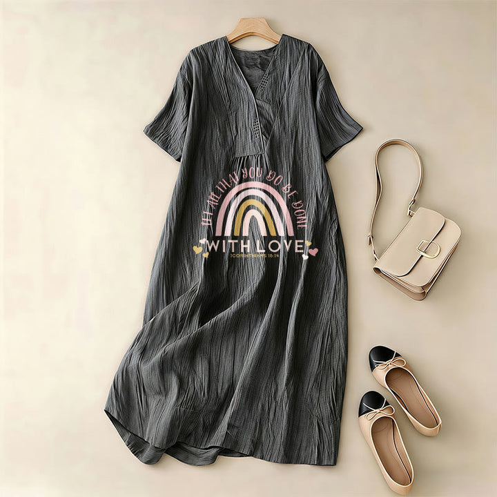 Christianartworkshop Plain Tone Love Scripture Rainbow Heart Slogan V-Neck Casual Midi Dress - image 13