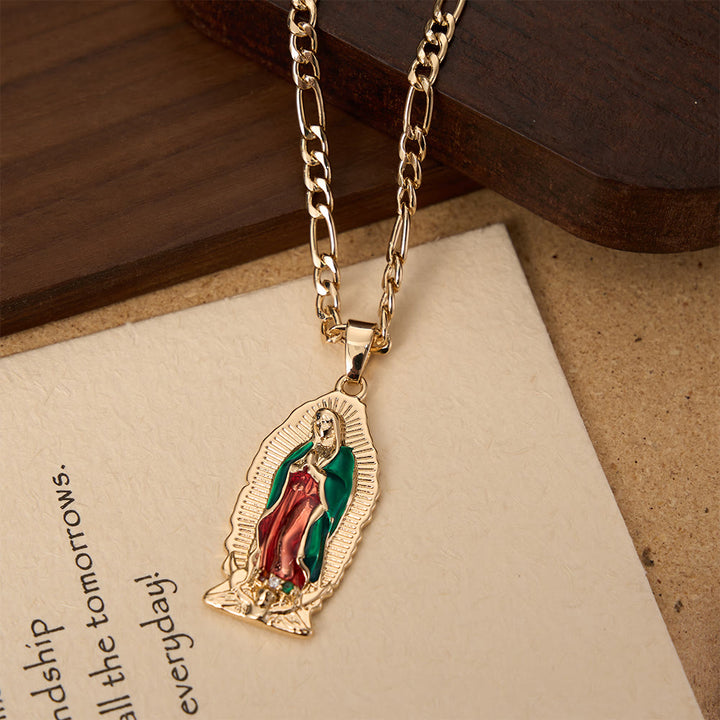 Christianartworkshop Elegant Sunburst Border Enamel Virgin Guadalupe Pendant Chunky Figaro Chain - image 8