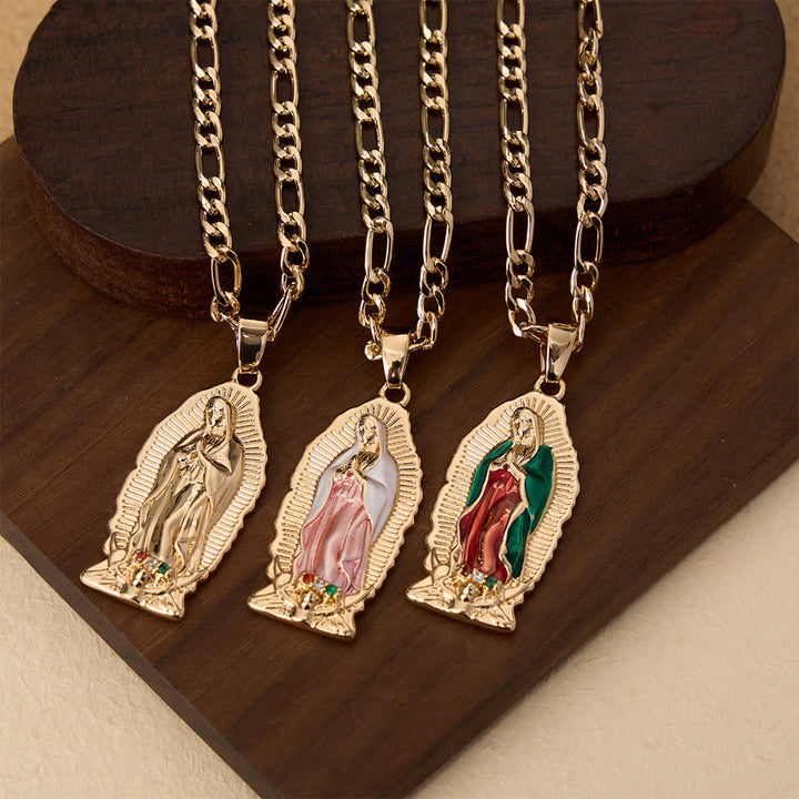 Christianartworkshop Elegant Sunburst Border Enamel Virgin Guadalupe Pendant Chunky Figaro Chain - image 2