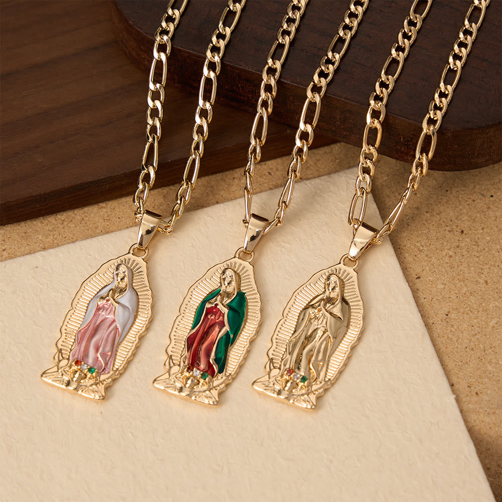 Christianartworkshop Elegant Sunburst Border Enamel Virgin Guadalupe Pendant Chunky Figaro Chain - image 2
