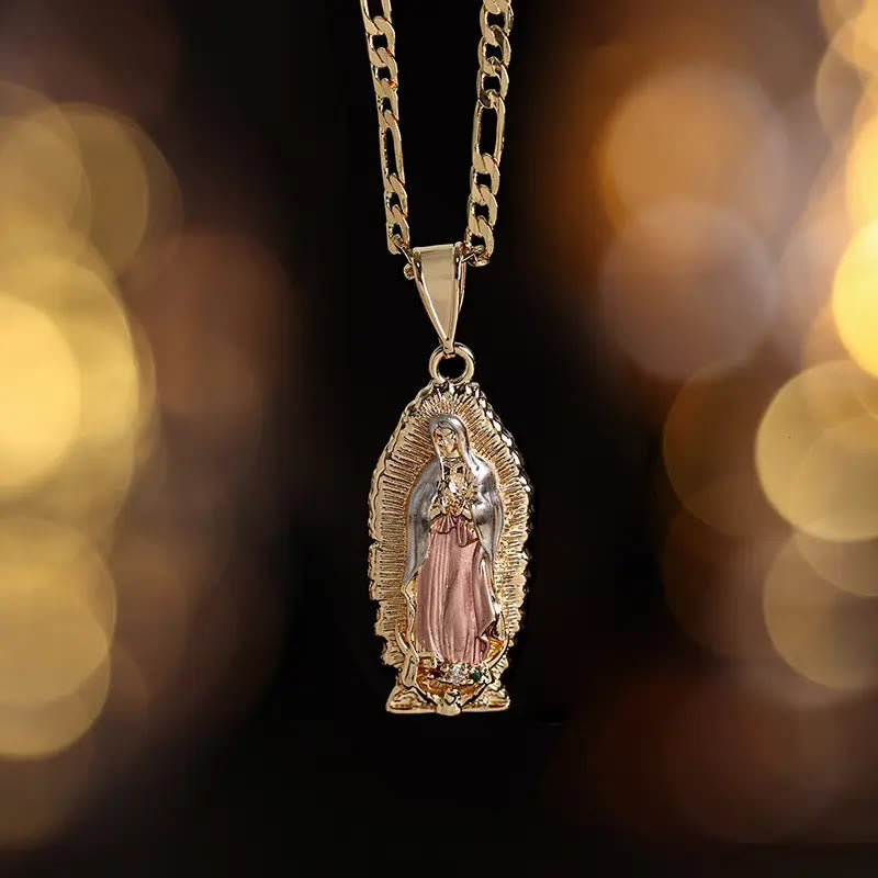 Christianartworkshop Elegant Sunburst Border Enamel Virgin Guadalupe Pendant Chunky Figaro Chain - Pink - image 10