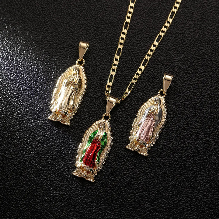 Christianartworkshop Elegant Sunburst Border Enamel Virgin Guadalupe Pendant Chunky Figaro Chain - image 3