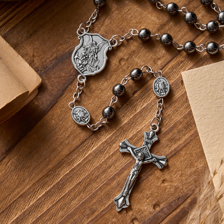 Christianartworkshop Antique Silver Archangel Medal Hematite Rosary with Matching Engraved Round Box - image 4
