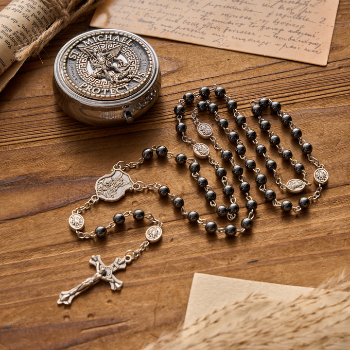 Christianartworkshop Silver or Blue Rosary with Antique Silver Archangel Medal and Matching Engraved Round Box - Silver-toned - image 0