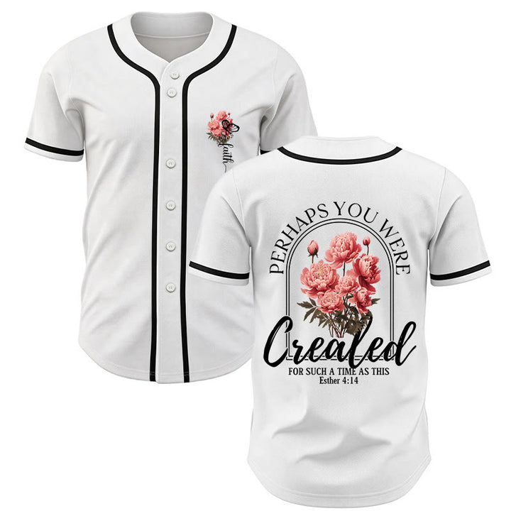 Christianartworkshop "Perhaps You Were Created For Such A Time As This" Esther 4:14 Peony Faith Print Button-Up Baseball Jersey - White - 5XL - image 0