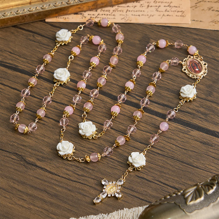 Christianartworkshop Pink Crystal & White Rose Our Lady of Guadalupe Rosary - image 1