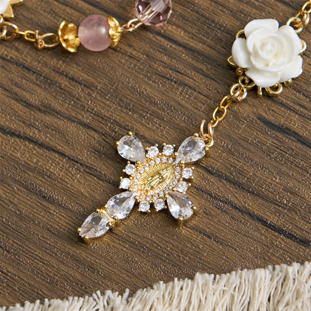 Christianartworkshop Pink Crystal & White Rose Our Lady of Guadalupe Rosary - image 5