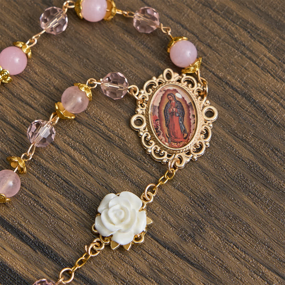 Christianartworkshop Pink Crystal & White Rose Our Lady of Guadalupe Rosary - image 8