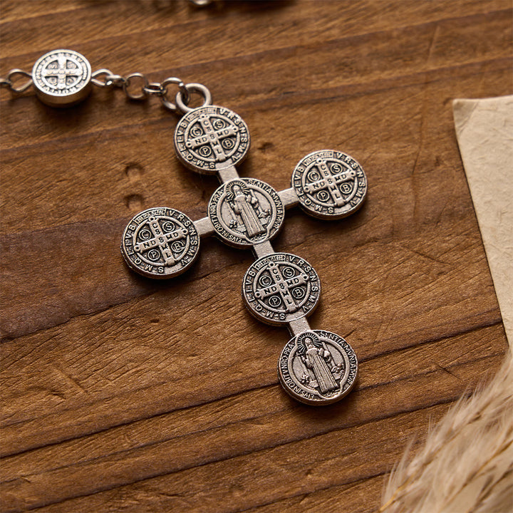 Christianartworkshop Antique Silver Double-Sided St.Benedict Round Medal Rosary with Combined Medal Cross - image 4