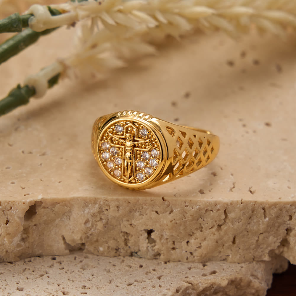 Christianartworkshop Oval Bezel Pave Zircon Crucifix Signet Ring with Lattice Hollow Band: A Symbol of Redemptive Sacred Grace - image 2